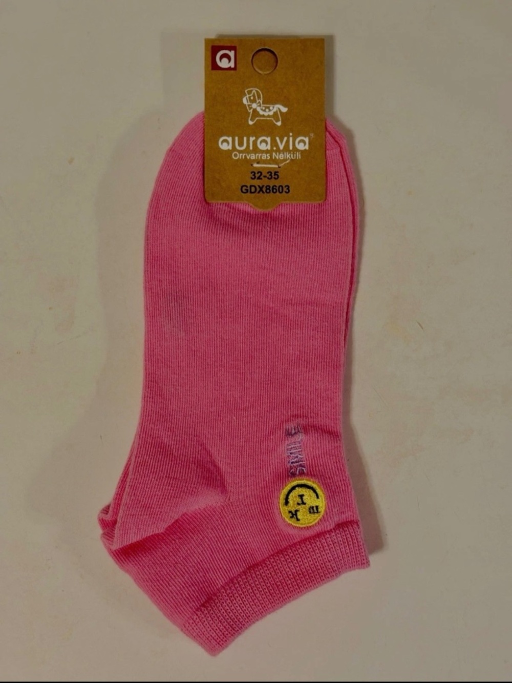 Aura-Via Pink Cotton Blend Crew Socks Smiley Face from Budapest Hungary New